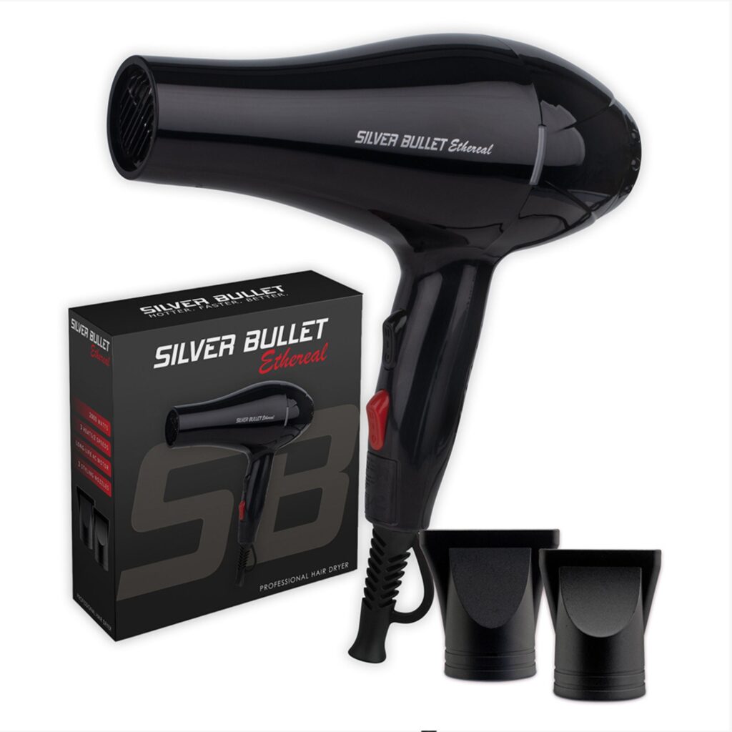 The Silver Bullet Ethereal is the lightest affordable hair dryer on the market at 490g. The hair dryer which has a glossy black body and red button, has 2000 watts of controlled power, three heat and two speed settings. 