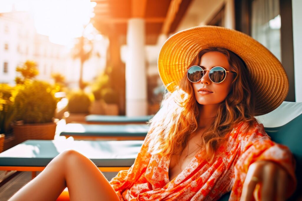 woman in kaftan, hat and sunglasses sunbathing