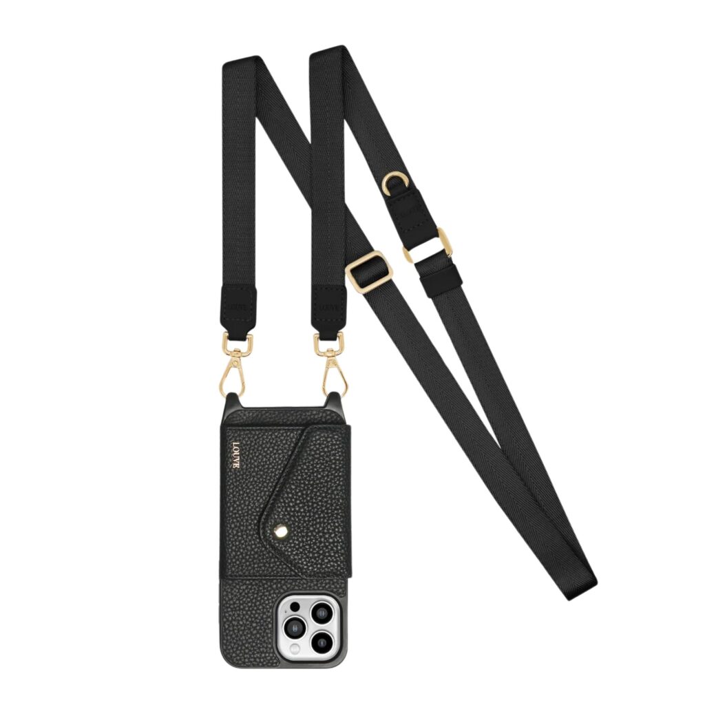 Zoe Black Leather Phone Case Wallet & Matching Cross Body Phone Strap from Louvre features black pebbled leather with a small pouch for credit cards and a long matching black strap. 