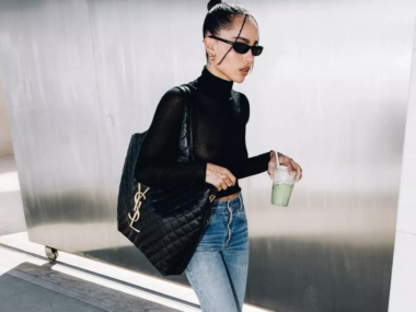 Zoe Kravitz carrying YSL tote and a matcha