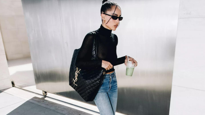 Zoe Kravitz carrying YSL tote and a matcha