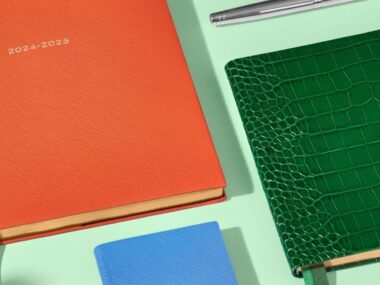 Stationery from Smythson will bring bright, personalised colour to your home office. Pictured are notebooks and planners in bright orange, emerald green faux crock leather and pastel blue.