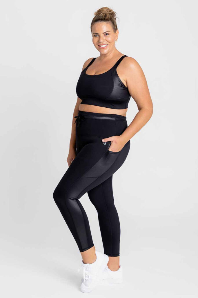 Active Truth's Active Drawstring 7/8 Length Legging in Shiny Black.