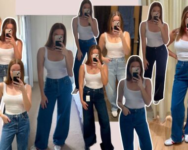 collage of woman wearing multiple pairs of jeans