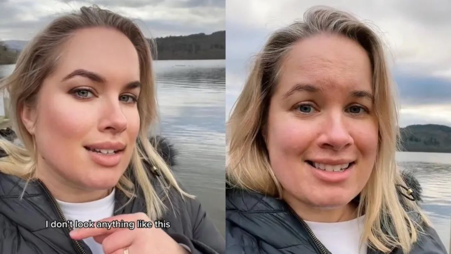 two side-by-side images of the same blonde woman. In the first, she has tiktok's bold glamour filter on, whichmakes it look as though she is wearing makeup. In the second, she is bare-faced.