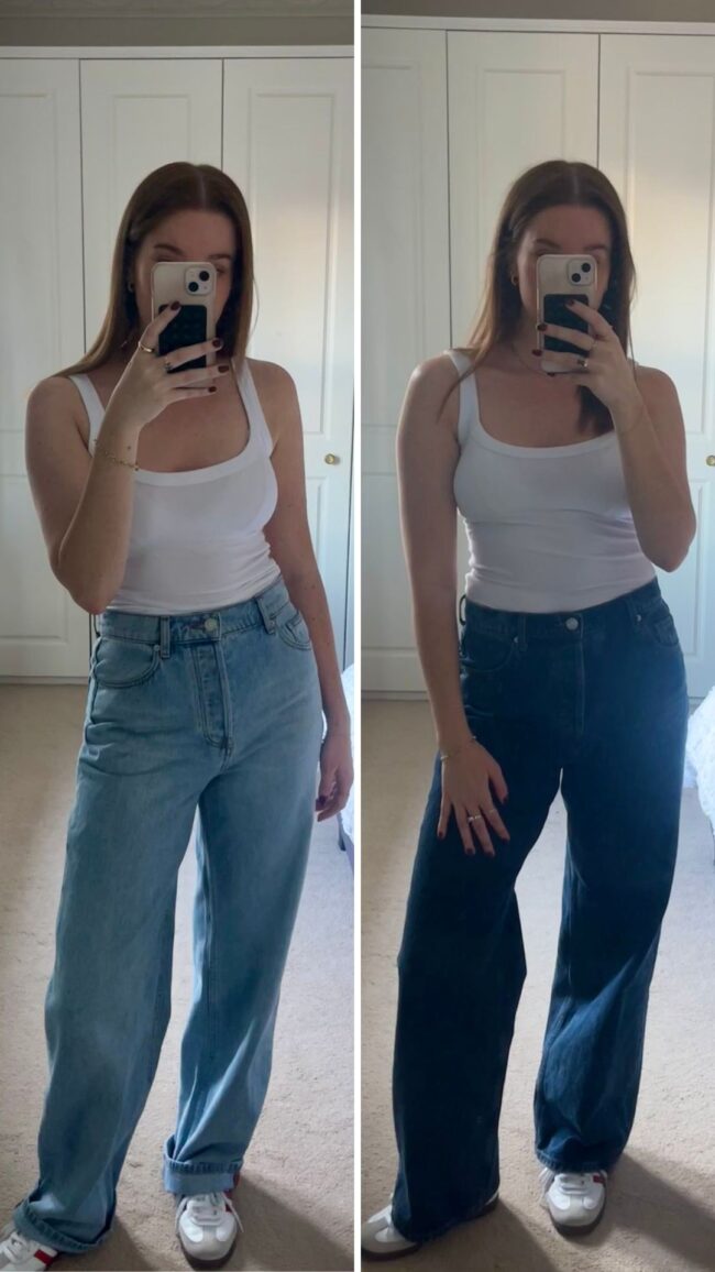 woman wears two pairs of jeans and white tank in a split image