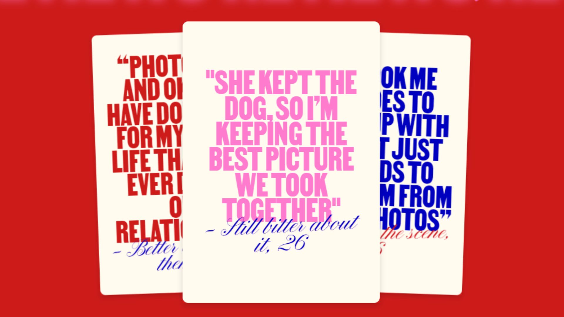 reviews of photoroom and okcupid's ex-terminator, which reads "she kept the dog, so I'm keeping the best picture we ever took together," in pink writing on a white card.