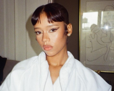 Taylor Russell in the hair and makeup chair prior to the 2024 MET Gala