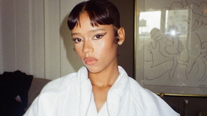 Taylor Russell in the hair and makeup chair prior to the 2024 MET Gala