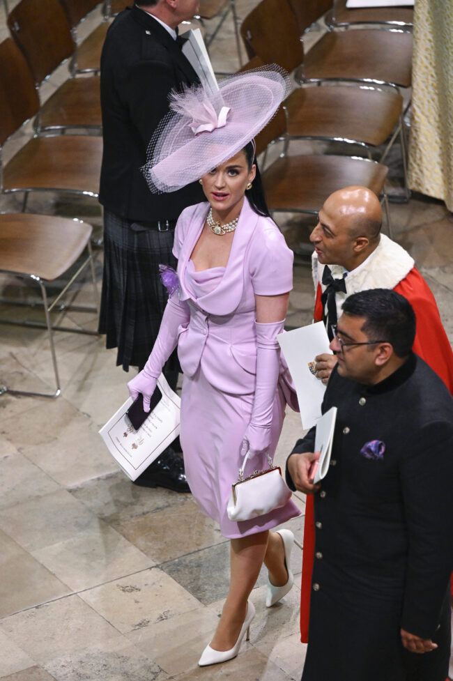 LONDON, ENGLAND - MAY 06: Katy Perry departs the Coronation of King Charles III and Queen Camilla on May 06, 2023 in London, England. The Coronation of Charles III and his wife, Camilla, as King and Queen of the United Kingdom of Great Britain and Northern Ireland, and the other Commonwealth realms takes place at Westminster Abbey today. Charles acceded to the throne on 8 September 2022, upon the death of his mother, Elizabeth II. (Photo by Gareth Cattermole/Getty Images)