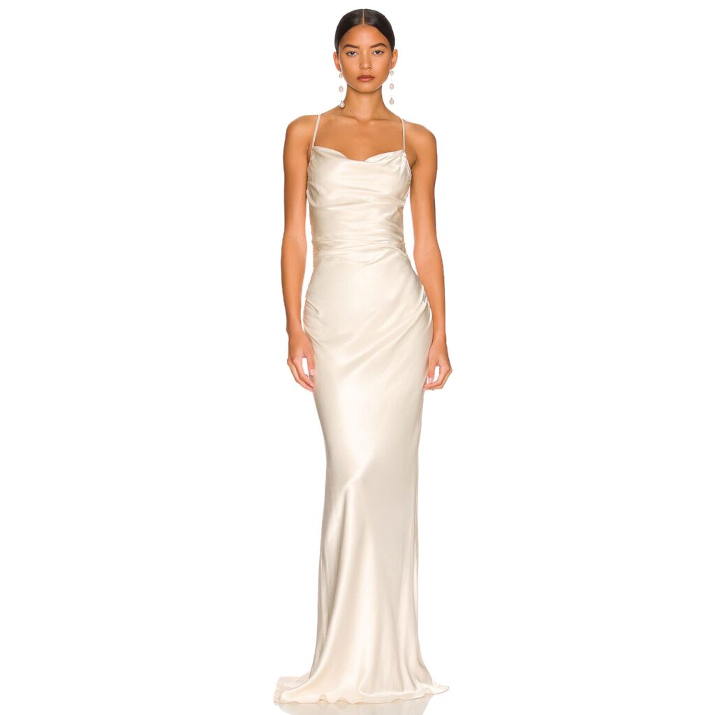 Shona Joy is known for beautiful bias-cut gowns and silky, sexy silhouettes; all these design features are present in its bridal pieces. With an emphasis on column-style cuts, you'll feel regal in these affordable wedding dresses. 