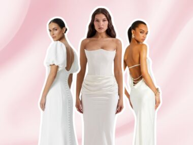 Three brides wear affordable wedding dresses from House of CB, Chancery and Retrofête on a pink satin backdrop.