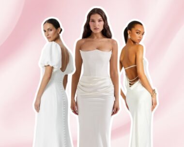 Three brides wear affordable wedding dresses from House of CB, Chancery and Retrofête on a pink satin backdrop.