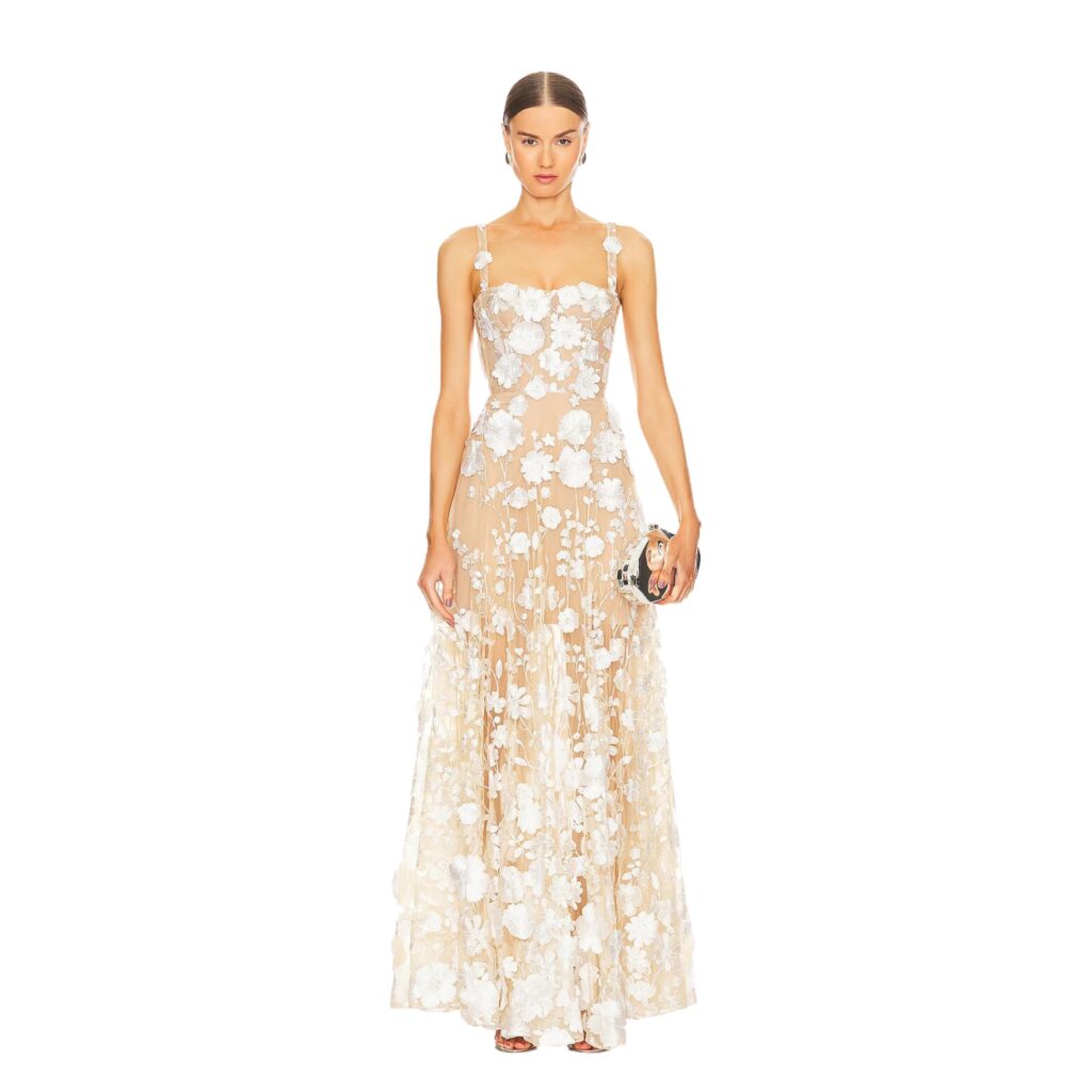 Bronx and Blanco deliver great affordable wedding dresses. Pictured is the brand's Jasmine gown a sheer netted lace dress with a bustier bodice and flower appliques. 