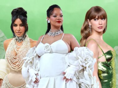 images of kim kardashian, rihanna and taylor swift cut out and pasted on a green, ombre background to demonstrate celebrities who are billionaires. Kim wears a string of pearls, her hair up and a corset; rihanna wears a white dress; taylor swift has her blonde hair down and wears a green sparkly gown.