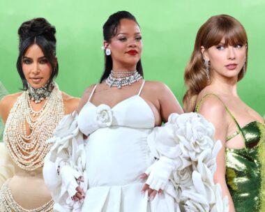 images of kim kardashian, rihanna and taylor swift cut out and pasted on a green, ombre background to demonstrate celebrities who are billionaires. Kim wears a string of pearls, her hair up and a corset; rihanna wears a white dress; taylor swift has her blonde hair down and wears a green sparkly gown.