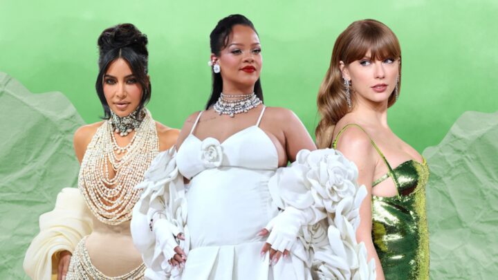 images of kim kardashian, rihanna and taylor swift cut out and pasted on a green, ombre background to demonstrate celebrities who are billionaires. Kim wears a string of pearls, her hair up and a corset; rihanna wears a white dress; taylor swift has her blonde hair down and wears a green sparkly gown.