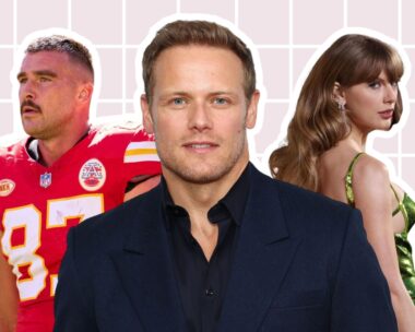 a collage of taylor swift sam heughan and travis kelce