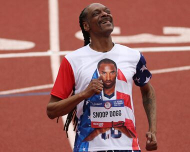 snoop dogg runs on a track at the US 2024 paris olympics track and field trials