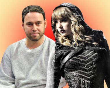 a collage of taylor swift and scooter braun on a red and yellow background