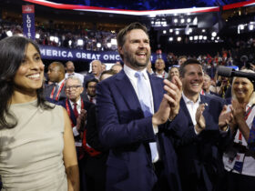 MILWAUKEE, WISCONSIN - JULY 15: U.S. Sen. J.D. Vance (R-OH) and his wife Usha Chilukuri Vance celebrate as he is nominated for the office of Vice President alongside Ohio Delegate Bernie Moreno on the first day of the Republican National Convention at the Fiserv Forum on July 15, 2024 in Milwaukee, Wisconsin. Delegates, politicians, and the Republican faithful are in Milwaukee for the annual convention, concluding with former President Donald Trump accepting his party's presidential nomination. The RNC takes place from July 15-18. (Photo by Anna Moneymaker/Getty Images)