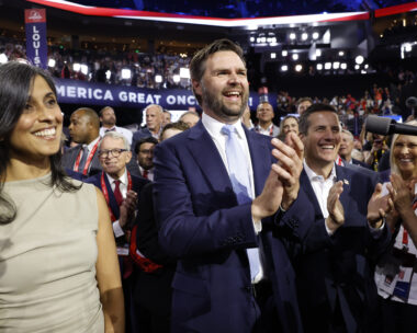 MILWAUKEE, WISCONSIN - JULY 15: U.S. Sen. J.D. Vance (R-OH) and his wife Usha Chilukuri Vance celebrate as he is nominated for the office of Vice President alongside Ohio Delegate Bernie Moreno on the first day of the Republican National Convention at the Fiserv Forum on July 15, 2024 in Milwaukee, Wisconsin. Delegates, politicians, and the Republican faithful are in Milwaukee for the annual convention, concluding with former President Donald Trump accepting his party's presidential nomination. The RNC takes place from July 15-18. (Photo by Anna Moneymaker/Getty Images)
