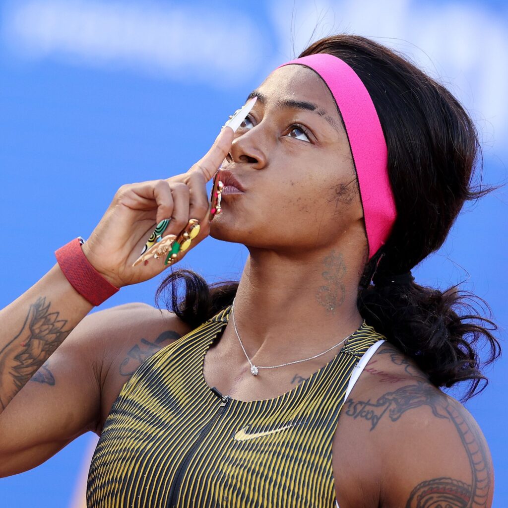 Sha'Carri Richardson looks on ahead of competing in the women's 100 meter semi-final on Day Two of the 2024 U.S. Olympic Team Track & Field Trials at Hayward Field on June 22, 2024 in Eugene, Oregon