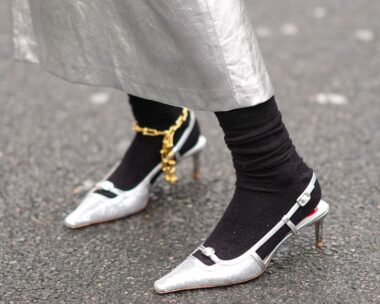 Close-up detail view of silver kitten heels pointed shoes, a gold ankle chains, outside Gauchere, during the Womenswear Fall/Winter 2024/2025 as part of Paris Fashion Week on February 29, 2024 in Paris, France. (Photo by Edward Berthelot/Getty Images)