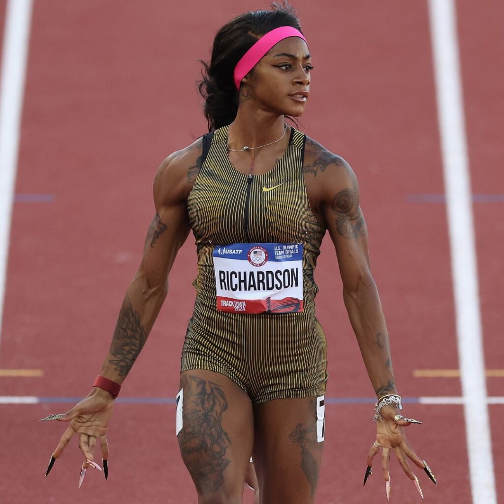  Sha'Carri Richardson reacts while competing in the first round of the women's 100 meter dash on Day One of the 2024 U.S. Olympic Team Track & Field Trials at Hayward Field on June 21, 2024 in Eugene, Oregon.