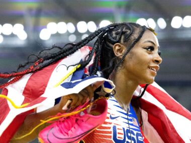 August 26: Sha'Carri Richardson of the United States celebrates her team's gold medal win in the Women's 4x100m Relay during the World Athletics Championships, at the National Athletics Centre on August 26th, 2023 in Budapest, Hungary.
