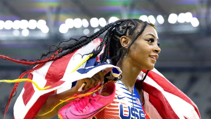 August 26: Sha'Carri Richardson of the United States celebrates her team's gold medal win in the Women's 4x100m Relay during the World Athletics Championships, at the National Athletics Centre on August 26th, 2023 in Budapest, Hungary.