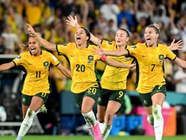 Mary Fowler, Sam Kerr, Caitlin Foord and Steph Catley of Australia celebrate the team’s victory through the penalty shoot out following the FIFA Women's World Cup Australia & New Zealand