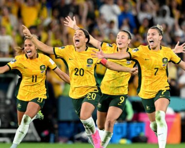 Mary Fowler, Sam Kerr, Caitlin Foord and Steph Catley of Australia celebrate the team’s victory through the penalty shoot out following the FIFA Women's World Cup Australia & New Zealand