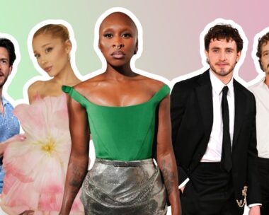a collage of actors starring in the 'Wicked' and 'Gladiator II' films. L-R: Joanthan Bailey, Ariana Grande, Cynthia Erivo, Paul Mescal and Pedro Pascal. They are against a gradient, green-to-pink background