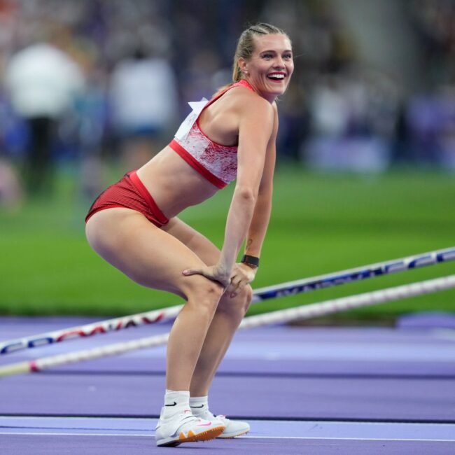 Alysha Newman of Canada celebrates a jump and twerks during the Women's Pole Vault Final on day twelve of the Olympic Games Paris 2024 at Stade de France on August 7, 2024 in Paris, France.