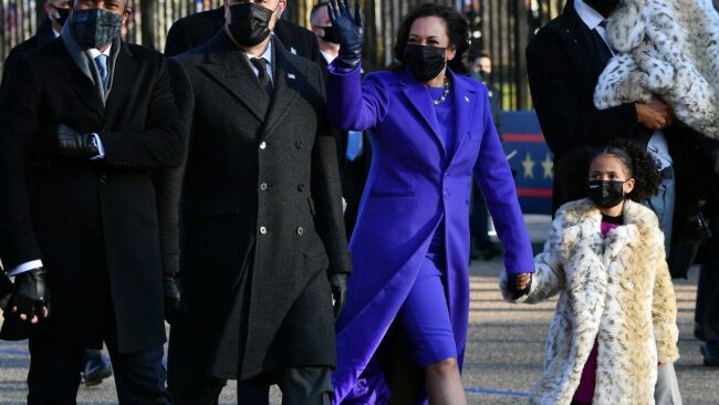 Vice President Kamala Harris and Second Gentleman Doug Emhoff along with family members walk along Pennsylvania Avenue to the White House in Washington, DC, after US President Joe Biden and Harris were sworn in, earlier on January 20, 2021.