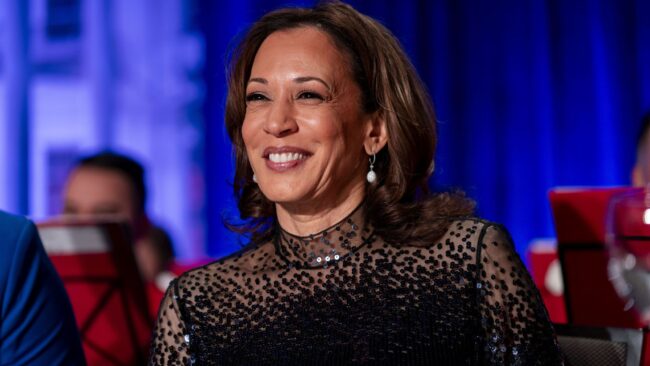 US Vice President Kamala Harris looks on during the White House Correspondents' Association (WHCA) dinner in Washington, DC, US on Saturday, April 27, 2024. The annual dinner raises money for WHCA scholarships and honors the recipients of the organization's journalism awards.