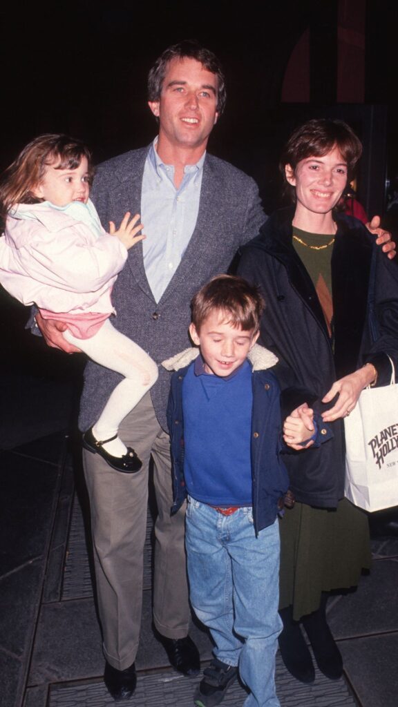 Married couple American lawyer Robert F Kennedy Jr and Emily Ruth Black, and their children, Kathleen Alexandra Kennedy & Robert Francis Kennedy III, attend a premiere party for 'Addams Family' at Planet Hollywood, New York, New York, November 17, 1991. 