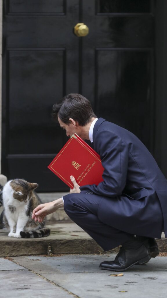 Rory Stewart, U.K. international development secretary, interacts with Larry, the Downing Street cat, a brown and white tabby re-homed from Battersea Dogs and Cats Home, as he arrives for a weekly meeting of cabinet ministers at number 10 Downing Street in London, U.K., on Tuesday, June 11, 2019. A record 10 British Conservatives will fight each other for the chance to lead their party and the country after the race to become the next prime minister formally opened.