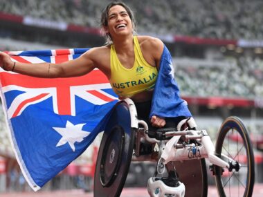 Madison de Rozario fo Team Australia reacts after winning the gold medal in the women's Marathon - T54 on day 12 of the Tokyo 2020 Paralympic Games at Olympic Stadium on September 05, 2021 in Tokyo, Japan.