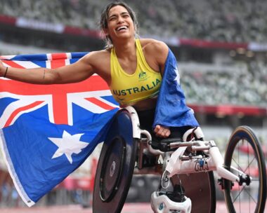 Madison de Rozario fo Team Australia reacts after winning the gold medal in the women's Marathon - T54 on day 12 of the Tokyo 2020 Paralympic Games at Olympic Stadium on September 05, 2021 in Tokyo, Japan.