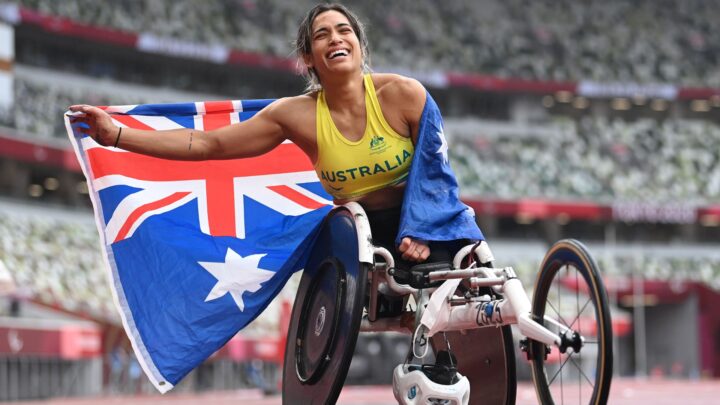 Madison de Rozario fo Team Australia reacts after winning the gold medal in the women's Marathon - T54 on day 12 of the Tokyo 2020 Paralympic Games at Olympic Stadium on September 05, 2021 in Tokyo, Japan.