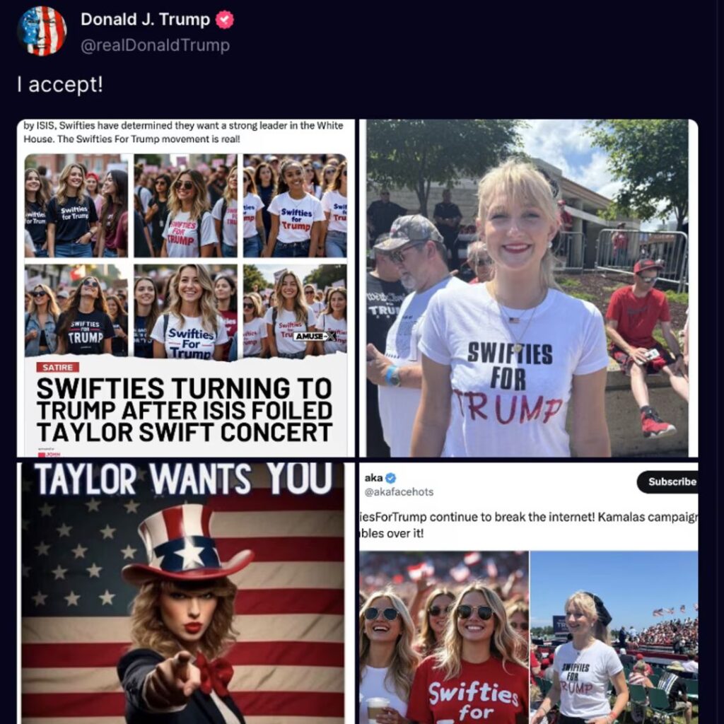 AI generated imagery included reposted by Donald Trump that suggested Taylor Swift and her fans are supporting his presidential run. 