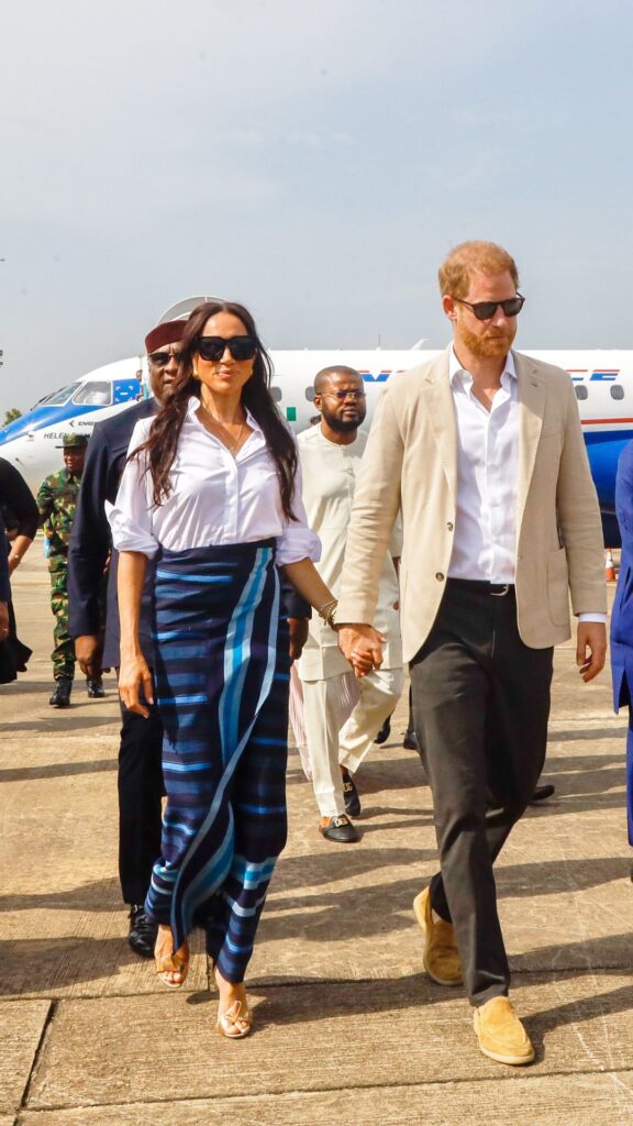 Prince Harry, Duke of Sussex and Meghan, Duchess of Sussex arrive at the Lagos airport for Official State Welcome on May 12, 2024 in Lagos, Nigeria.