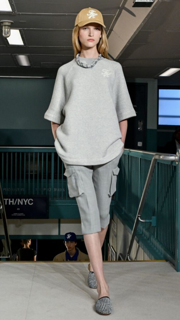 Model on the runway at Tommy Hilfiger RTW Spring 2025 as part of New York Ready to Wear Fashion Week held aboard the Staten Island Ferry the MV John F. Kennedy on September 8, 2024 in New York, New York. 