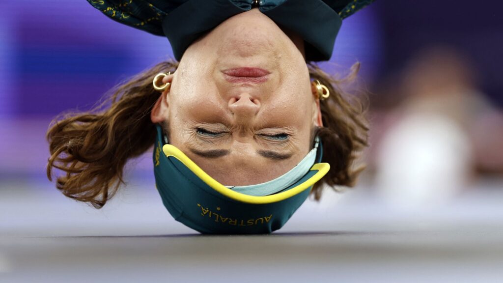 Australia's Rachael Gunn, known as Raygun competes in the Women's Breaking dance Round robin of the Paris 2024 Olympic Games at La Concorde in Paris, on August 9, 2024. 