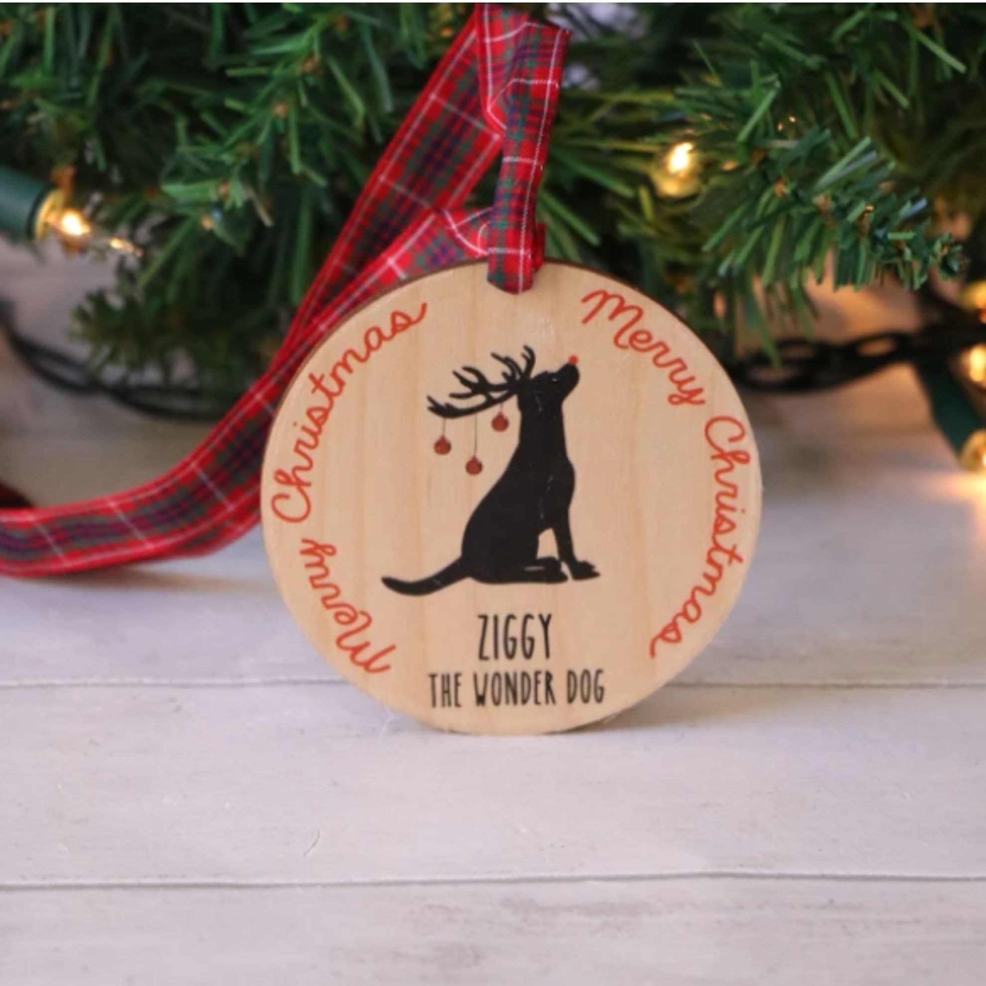 personalised wooden dog christmas decoration