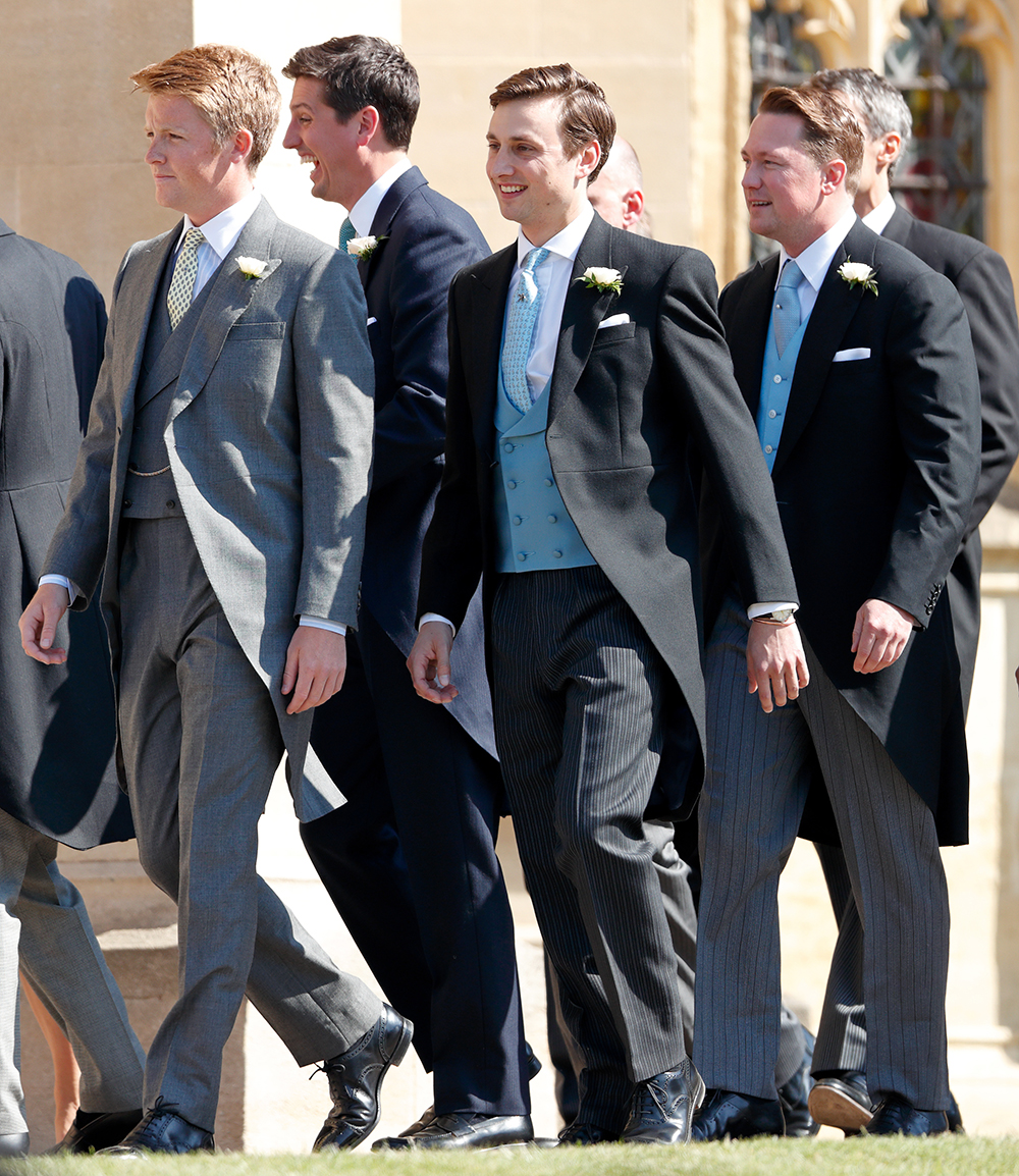 Hugh Grosvenor, Duke of Westminster, Jake Warren, Charlie van Straubenzee and Arthur Landon attend the wedding of Prince Harry