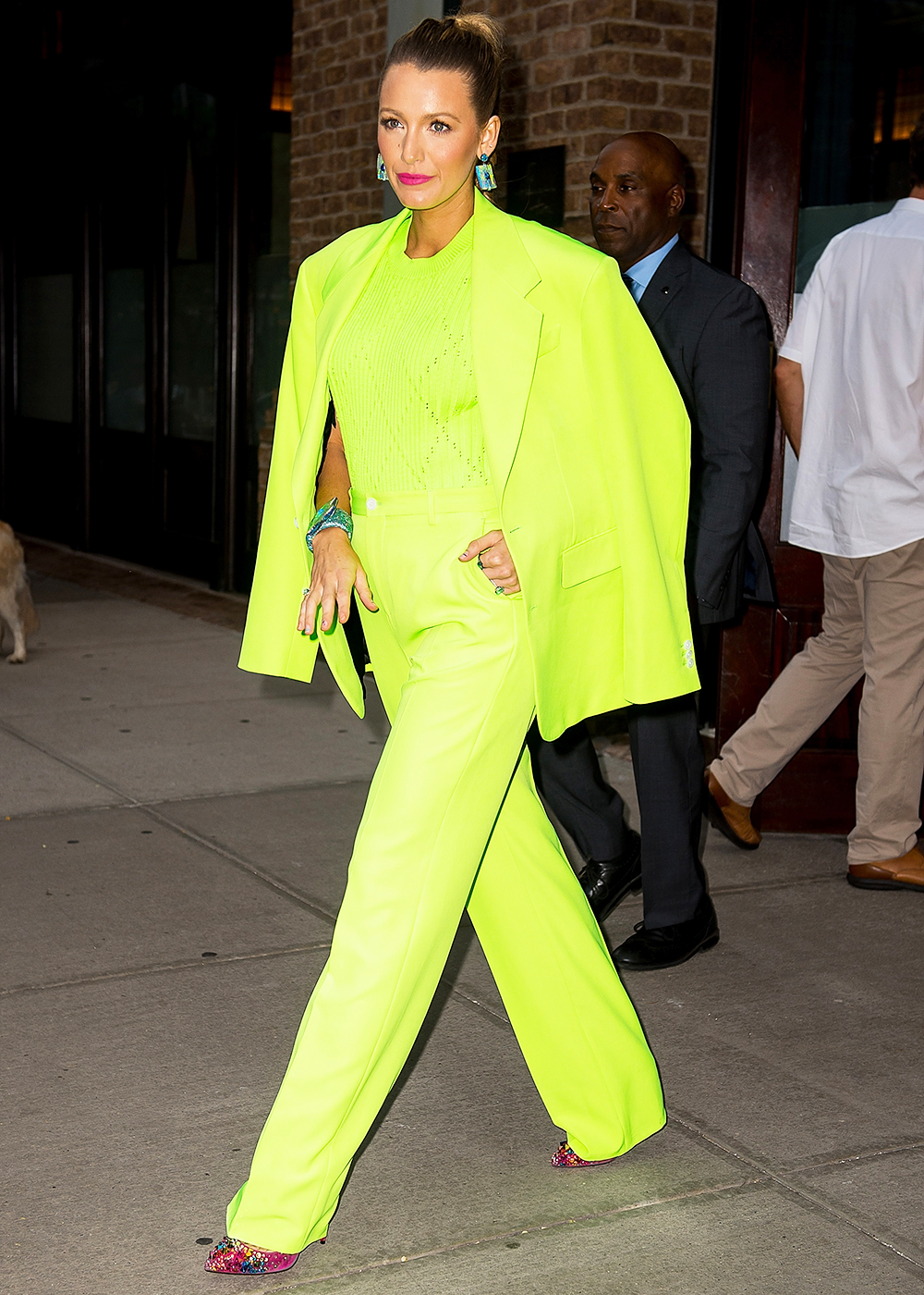 Blake Lively Wears Fluorescent Neon Green Versace Suit