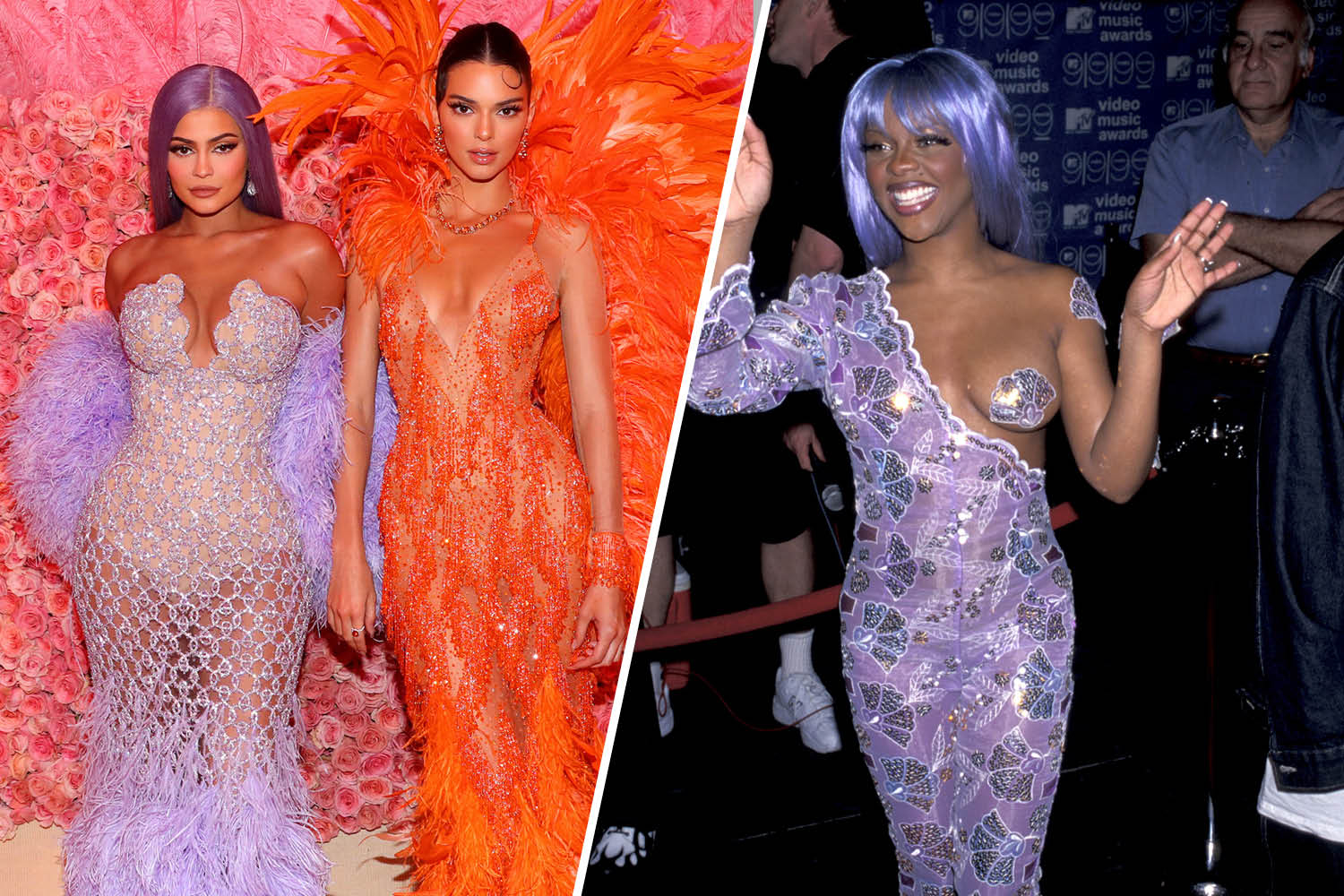 Kendall and Kylie Jenner at the 2019 Met Gala and Lil Kim at the 1999 VMAs